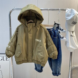 男童外套深秋冬季新款炸街中大童夹棉加厚儿童装拼色连帽棉衣