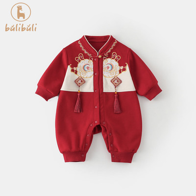 国风婴儿拜年服薄款宝宝连体衣长袖单层红色喜庆过年衣服春季爬服