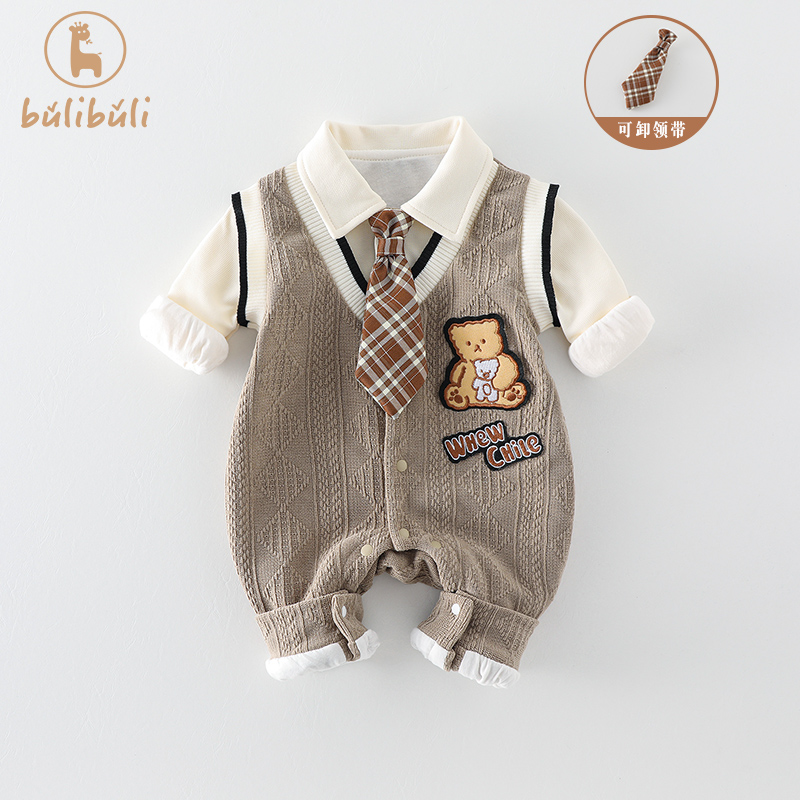 新生婴儿衣服秋装男宝宝学院风连体衣春秋季外出满月百天哈衣爬服