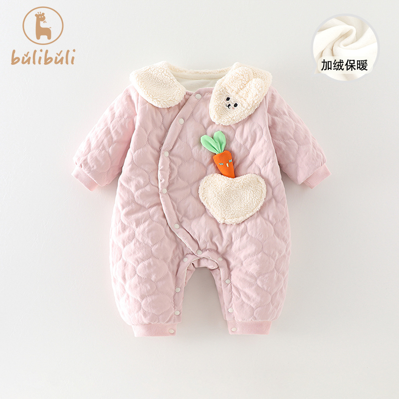 婴儿衣服秋冬装女宝宝加绒连体衣秋冬季外出超萌可爱满月百天哈衣