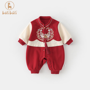 婴儿拜年服薄款过年衣服宝宝中国风连体衣满月百天哈衣春季爬爬服