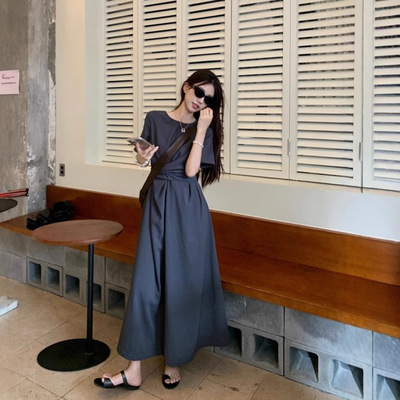 交叉绑带小众设计短袖连衣裙夏季女气质高级感收腰显瘦A字长裙子