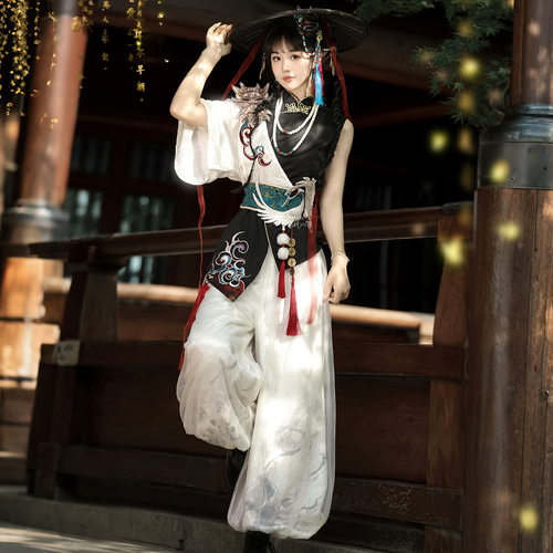 原创设计傩汉服女装中国风汉元素上衣裤子腰封项链套装长裤两件套