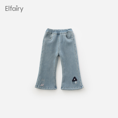 Elfairy女童微喇牛仔裤儿童加绒裤子2025新款秋冬一体绒宝宝裤子