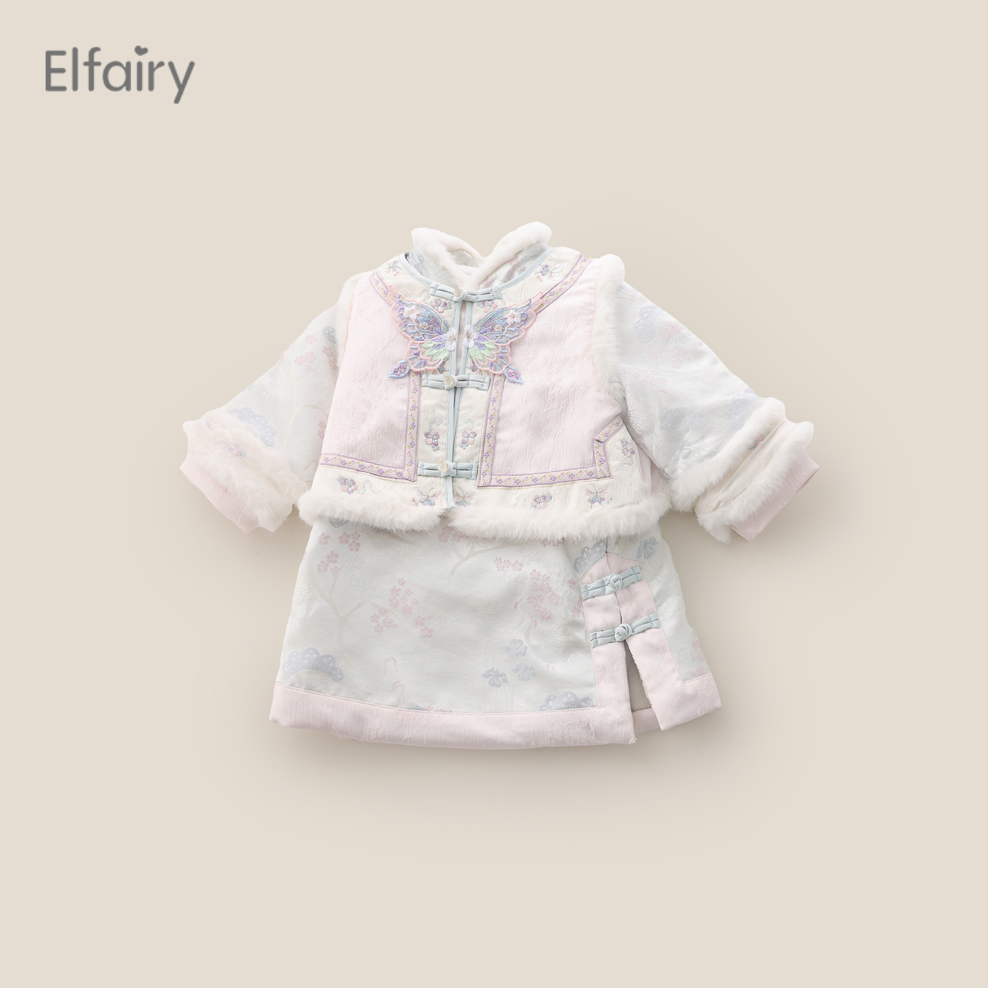 Elfairy女童年服国风旗袍裙套装宝宝唐装周岁礼服冬装古风拜年服