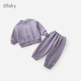 宝宝加厚两件套 子儿童秋冬装 Elfairy女童卡通休闲套装 加绒卫衣裤