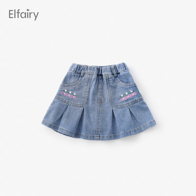 Elfairy女童卡通刺绣牛仔短裙夏