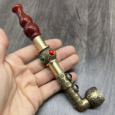 招财进宝二档四钻红葫芦烟嘴旱烟袋老式掌中宝烟锅子纯铜玛瑙