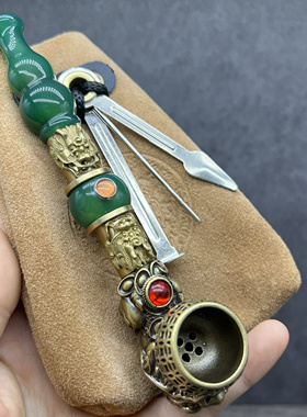 绿色貔貅二龙戏珠旱烟锅加烟袋子三件套老式烟斗旱烟袋掌中宝把件