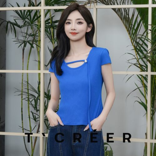 T`CREER｜【蓝眼泪】克莱因蓝辣妹针织短袖T恤女U型短款修身