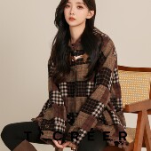 外套女 T`CREER｜ 复古撞色拼接格子长袖 春春季 TR25Q136 熙也