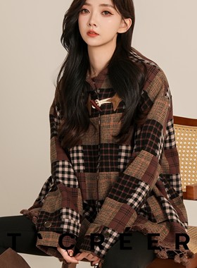 T`CREER｜【熙也】秋冬季复古撞色拼接格子长袖外套女 TR25Q136