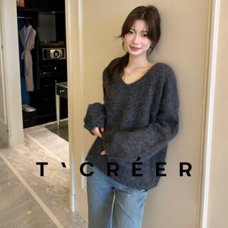 T`CREER 山羊绒羊毛v领毛衣女夏季圆休闲慵懒风针织宽松韩版上衣