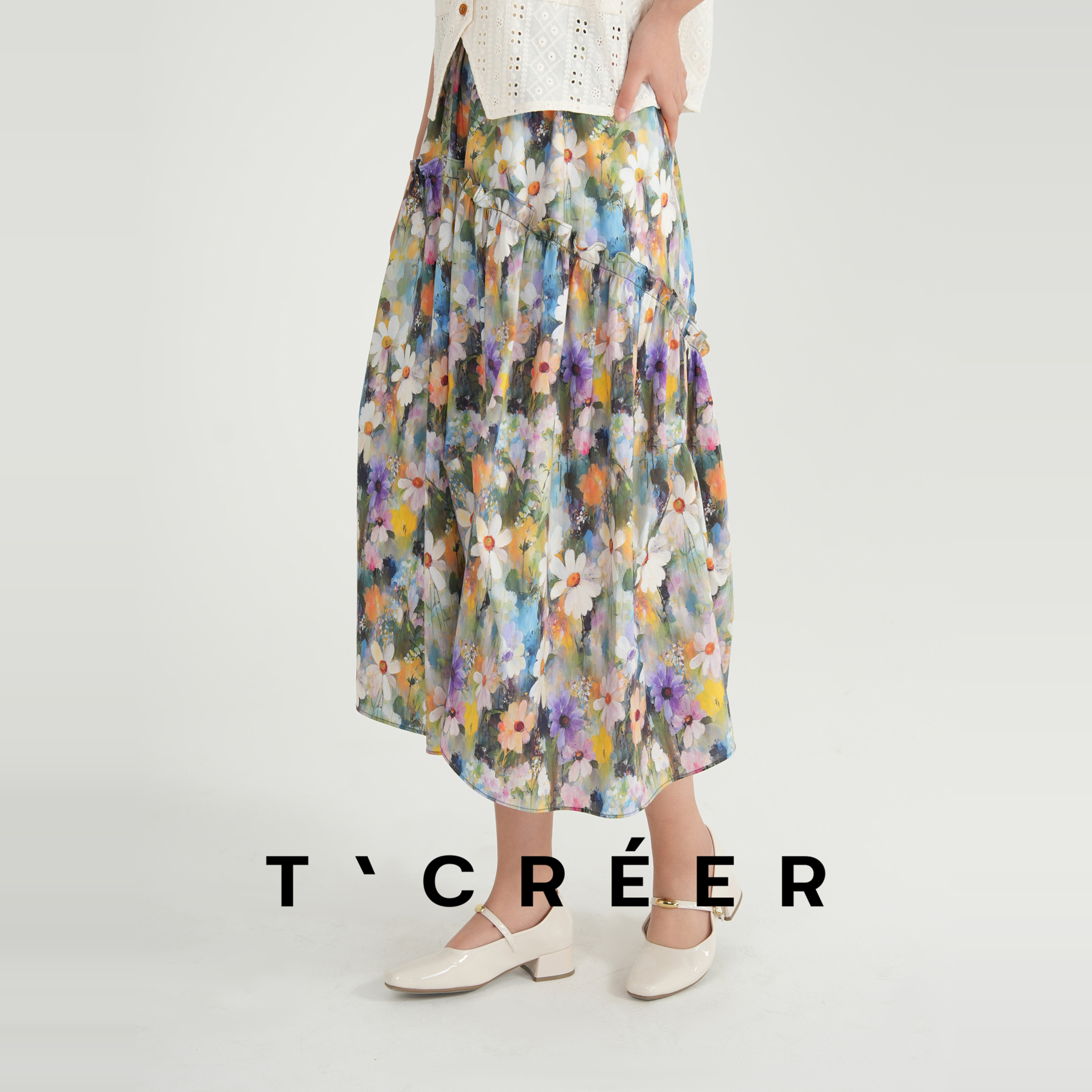 T`CREER｜【玉软花柔】莫奈花园彩绘碎花高腰A字半裙,女装/女士精品,裤子,淘宝优惠券,粉丝福利购,淘宝优惠卷