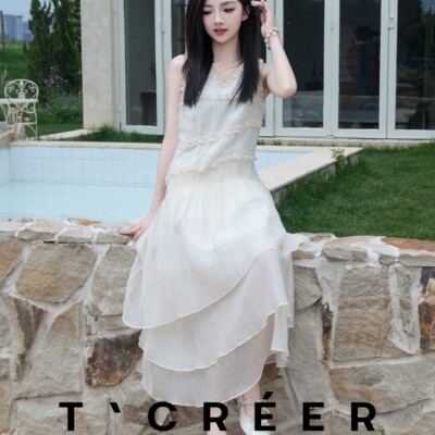 T`CREER｜云边茶白 温柔风渐变木耳边无袖连衣裙收腰纯欲初恋感