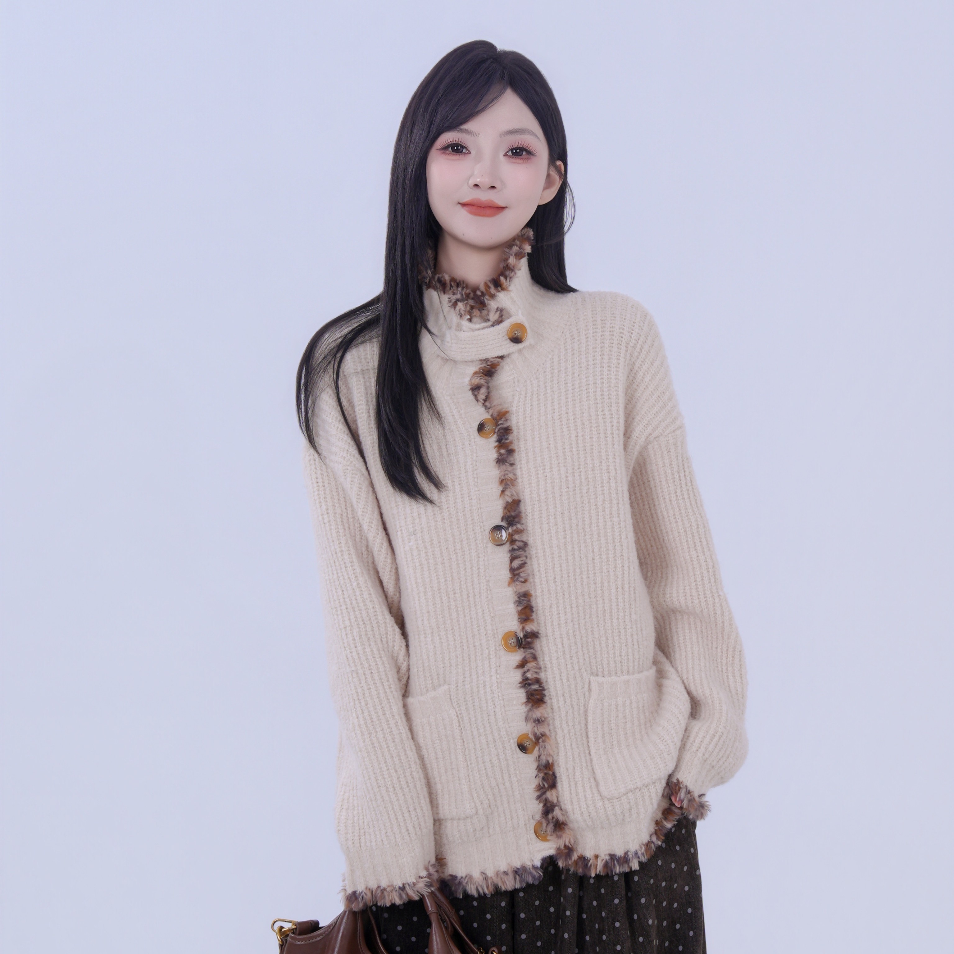 TCREER｜ 襟扬摇汉 立领针织开衫女秋毛边立领氛围感复古上衣女图片