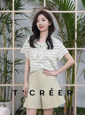T`CREER｜【青禾记】夏季条纹海军领系带短袖T恤女韩系宽松减龄
