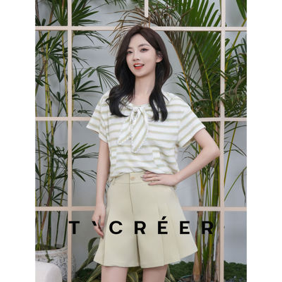 T`CREER｜【青禾记】夏季条纹海军领系带短袖T恤女韩系宽松减龄