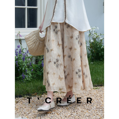 T`CREER｜【洛华韵】杏色水墨印花压褶A字半身裙女夏季显瘦垂感