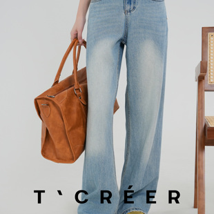 女夏季 T`CREER｜ 歸之若水 復古做舊水洗淺藍色直筒牛仔褲