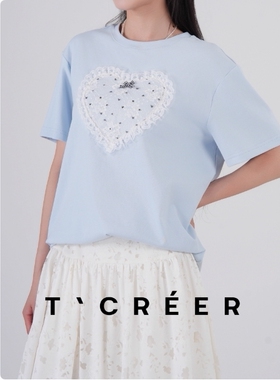 T`CREER｜【夏悸若芙】夏日蕾丝花边爱心圆领正肩T恤女