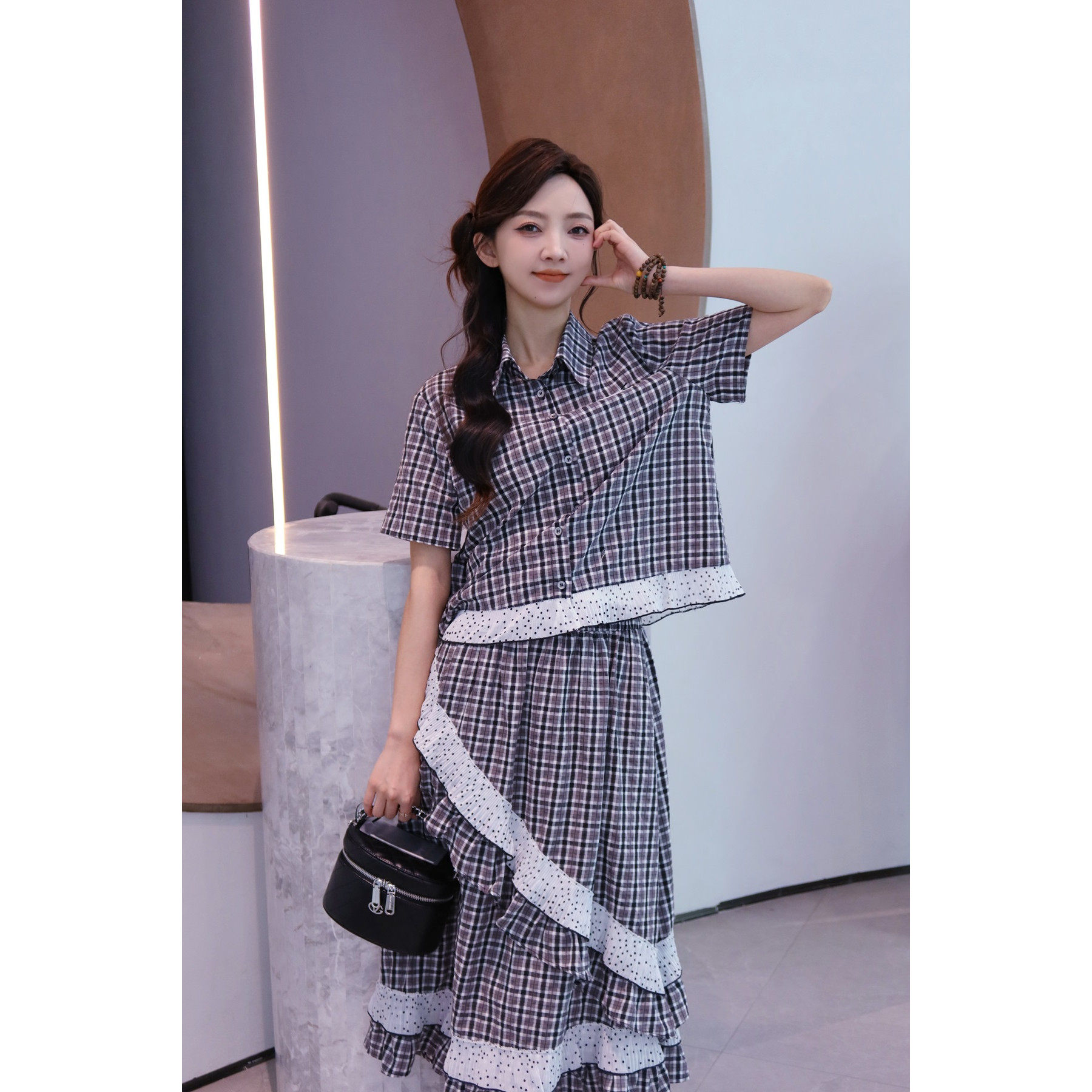 T`CREER｜【烟汀唱晚】美式复古黑白格子花边下摆衬衫套裙女,女装/女士精品,裤子,淘宝优惠券,粉丝福利购,淘宝优惠卷
