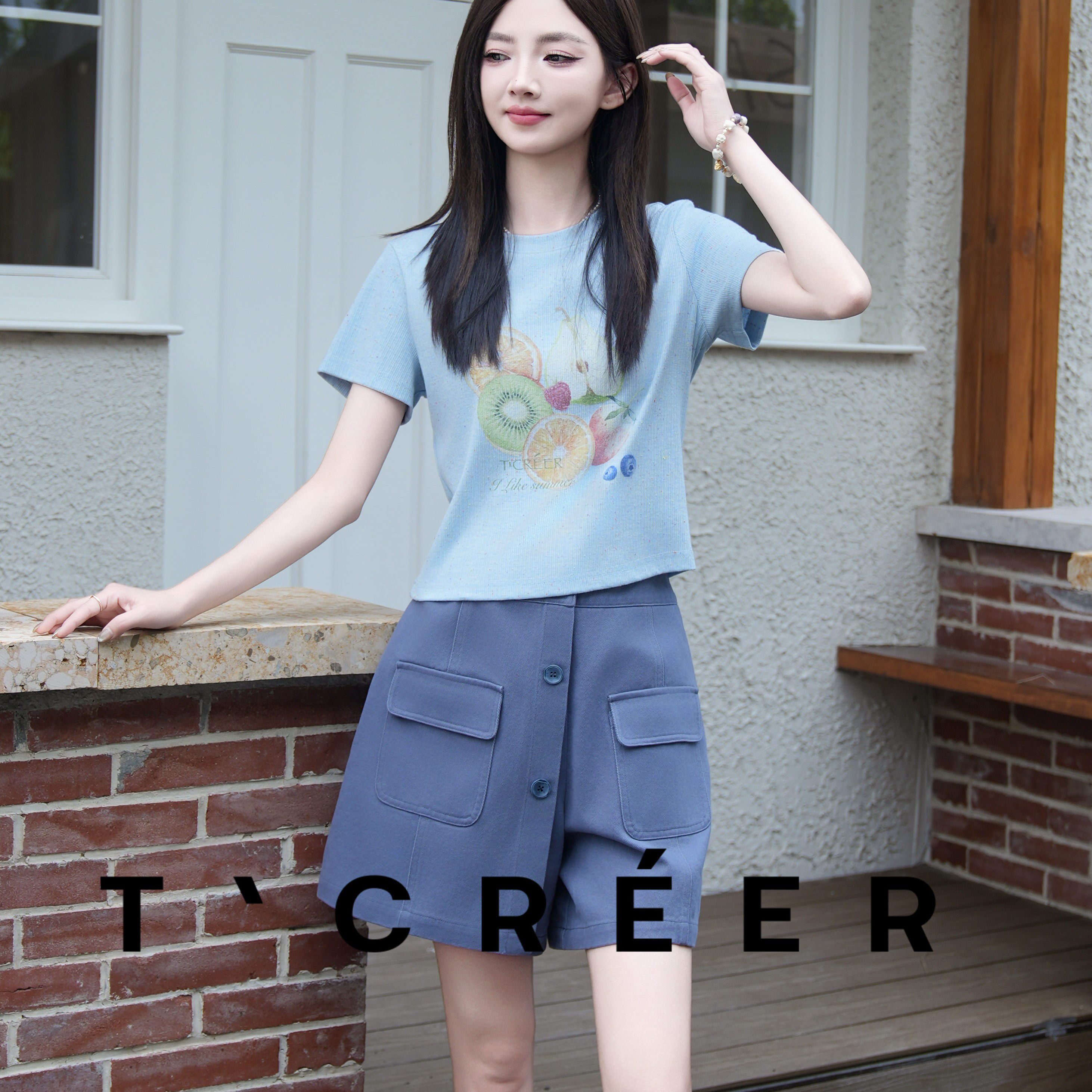 T`CREER｜白山茶  清新水果印花T恤夏季修身短款针织显瘦辣妹