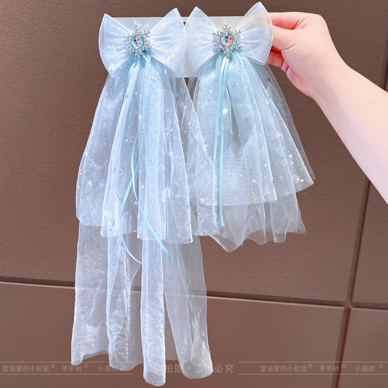 小女孩飘纱发夹儿童蝴蝶结头纱发卡女孩出游发饰女童皇冠飘纱头饰