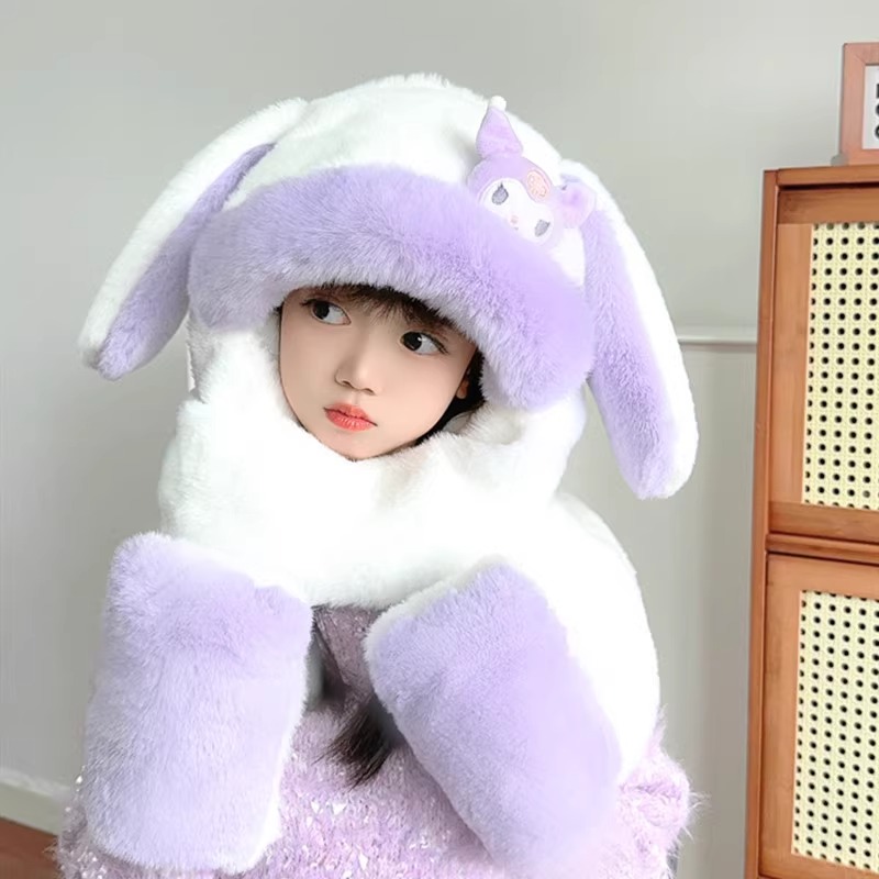 三丽鸥耳朵会动儿童帽子毛绒三件套女童库洛米护耳帽子围巾一体帽