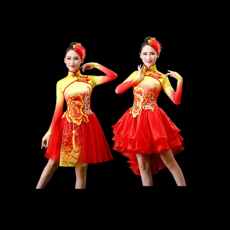 现代舞蹈服装蓬蓬裙新款中国风打鼓演出服旗袍腰鼓水鼓舞表演服女