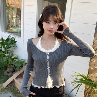 姣哥joygirl灰色假两件针织衫女外穿内搭2026春新款绝美打底上衣