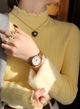 黄色半高领打底衫女内搭秋冬新款加绒加厚针织保暖毛衣木耳边上衣
