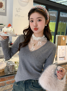 灰色假两件蕾丝高领打底衫女内搭2025秋冬季V领毛衣修身针织上衣
