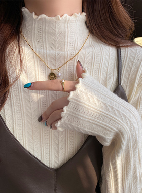 白色半高领针织打底衫女内搭秋冬2025新款木耳边高级毛衣气质上衣