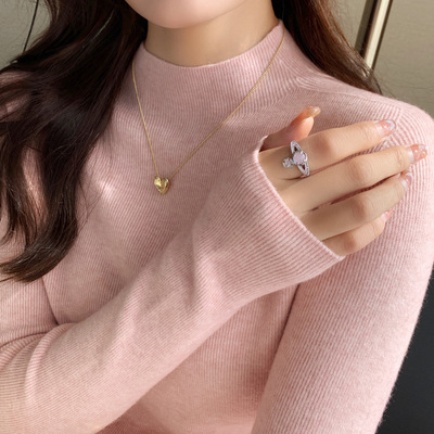 拉夏贝尔粉色半高领毛衣女内搭2025秋冬新款打底衫高级感针织上衣