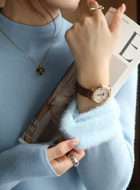 蓝色加绒加厚打底衫女内搭秋冬季新款半高领保暖针织毛衣长袖上衣