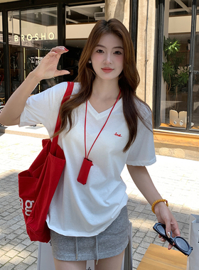 白色V领正肩冰丝棉麻短袖T恤女内搭夏新款红色竹节棉宽松上衣外穿