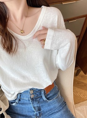 棉麻长袖t恤女春秋宽松薄款外穿2025春装新款白色打底衫内搭上衣