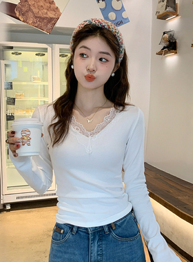V领磨毛蕾丝花边打底衫女内搭2025秋冬新款修身白色长袖保暖上衣