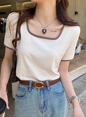 法式撞色方领上衣夏季2025新款设计感小众宽松短袖正肩t恤女修身