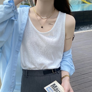 t恤 宽松打底吊带夏外穿上衣无袖 白色棉麻背心女内搭薄款 2025新款