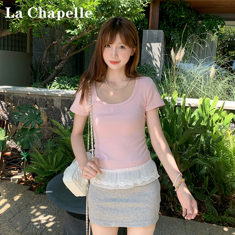 拉夏贝尔粉色U领蕾丝正肩短袖T恤女2025夏新款设计感小众修身上衣