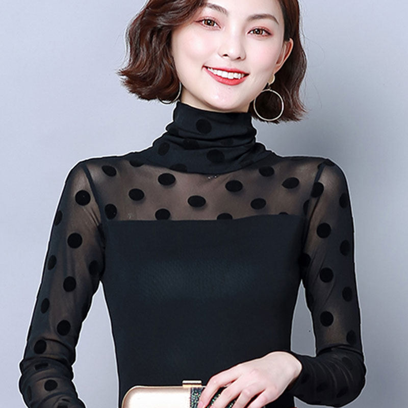 长袖t恤女外穿2020秋冬装新款高领印花网纱打底衫内搭小衫蕾丝衫