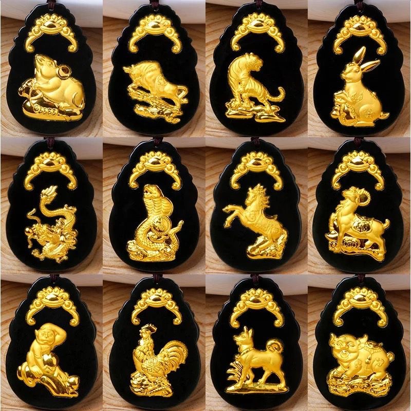 鑫澜高档首饰金镶玉天然和田玉墨玉吊坠挂件十二生肖黄金珠宝礼物