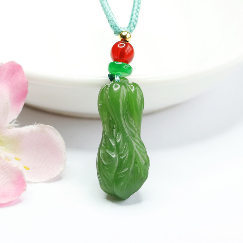 鑫澜天然珠宝」天然和田玉吊坠菠菜绿碧玉白菜项链
