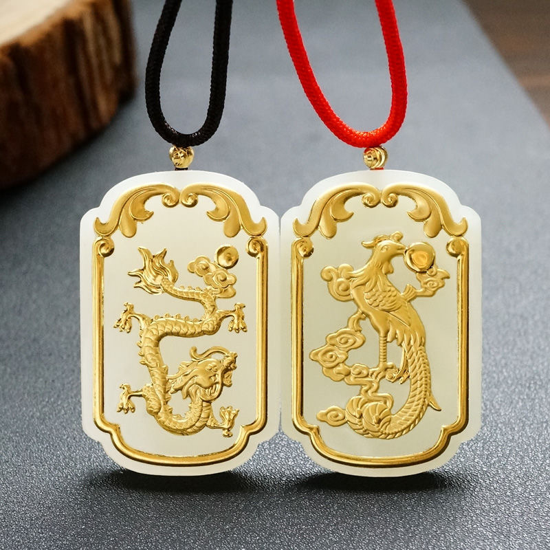 鑫澜高档珠宝金镶玉足金和田玉吊坠龙凤情侣对牌正品带证书