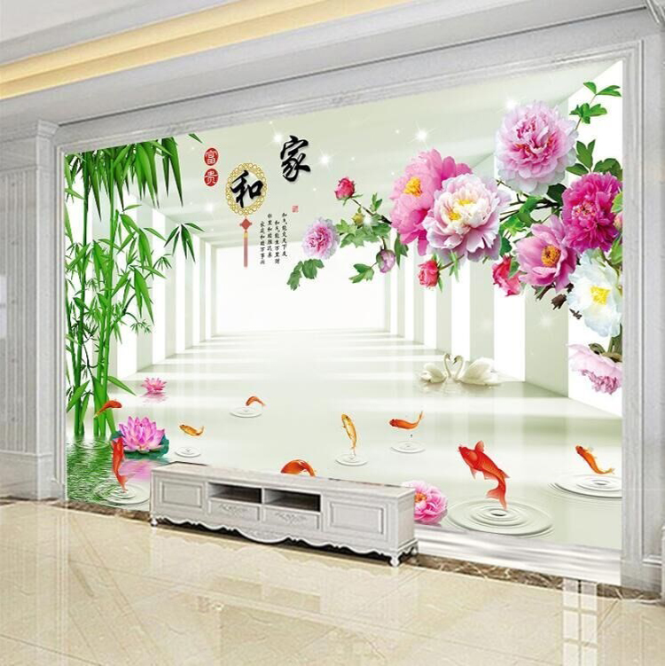 电视背景墙壁纸新款简约家和荷花竹子壁画3d立体客厅墙纸影视墙布