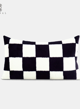 『向野』皇室棋盘中古CH@NE复古黑白色毛绒抱枕样板间售楼处腰枕