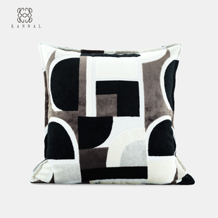 中古风 高级MCM复古黑棕灰白色几何进口割绒抱枕别墅靠垫 1950s