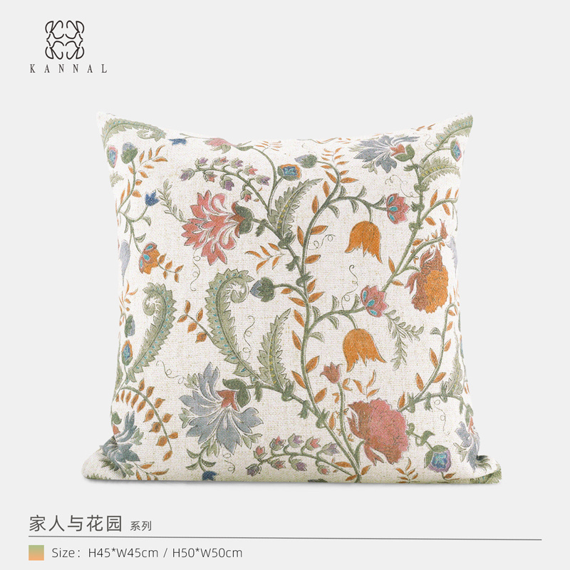 2024新色『家人与花园』高级复古法式米白绿粉色花朵棉麻抱枕靠垫